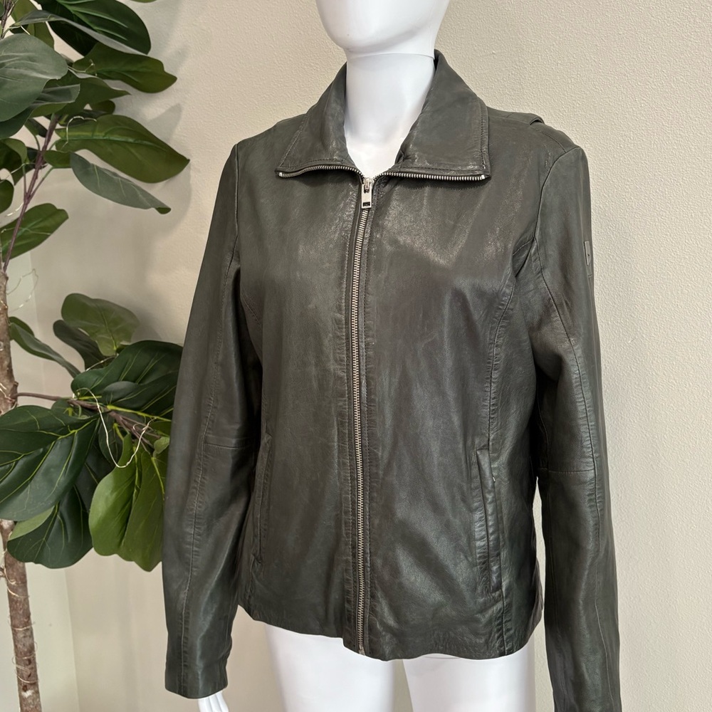 Mauritius Lambskin Leather Jacket Womens Size 12 Large Dark Grey Green Full Zip - Picture 6 of 15